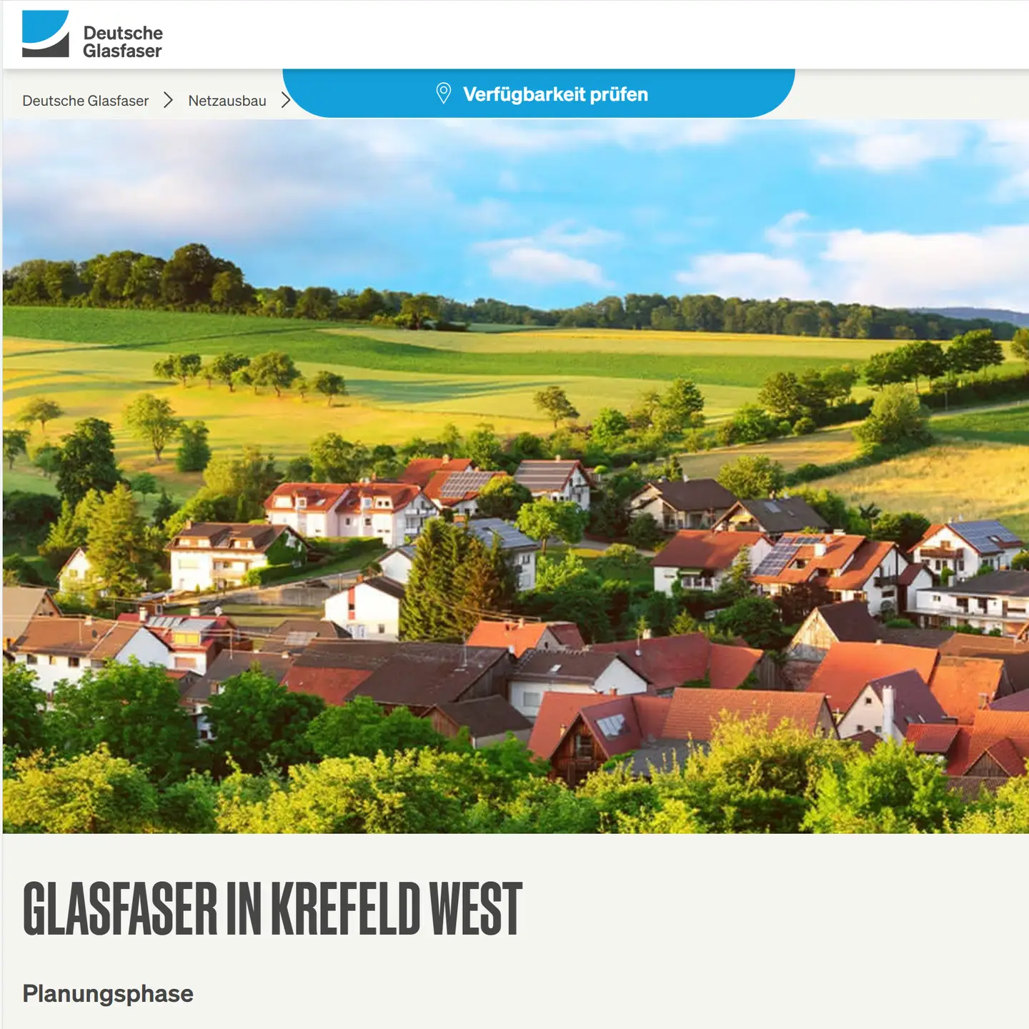 24.07.2024: Krefeld-west bekommt ein modernes schnelles Glasfasernetz! Screenshot von "Deutsche Glasfaser", Landschaftsbild, Schriftzüge "Glasfaser in Krefeld-West", PLANUNGSPHASE