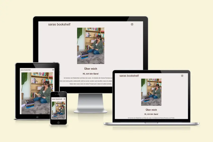 Screenshot der Website saras bookshelf, in den verschiedenen Responsiveansichten auf Desktop-PC, Laptop, Tablet und Smartphone