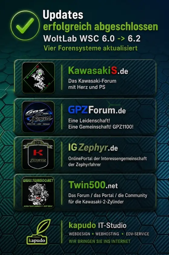 Background Carbon, darauf 4 Cards mit Logos und Beschreibung der 4 Foren der KawasakiS, GPZForum, IGZephyr und Twin500 und am Ende das Logo von kapudo mit unserem Namen und Slogan